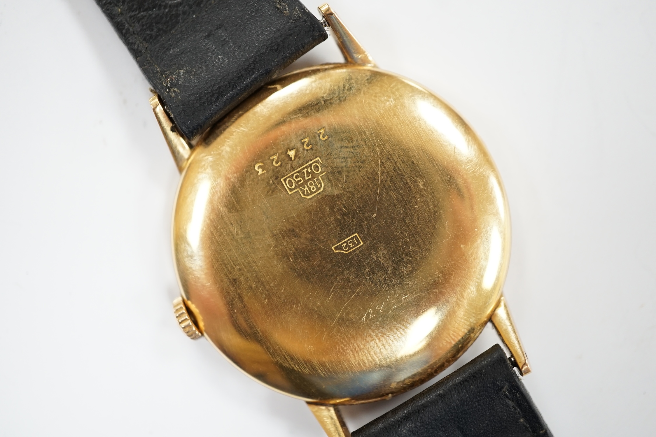A gentleman's 18k Omega manual wind wrist watch, on a later associated leather strap, case diameter 37mm. (a.f.)